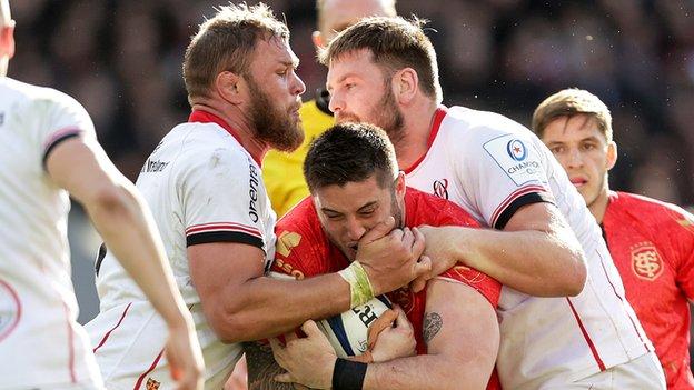 Ulster pair Duane Vermeulen and Iain Henderson tackle Toulouse's Cyril Baille
