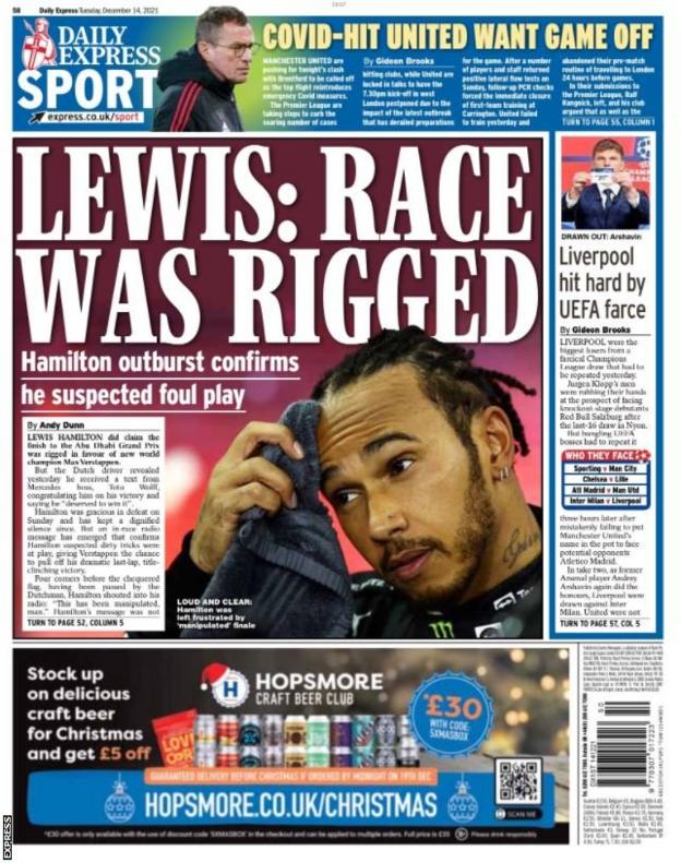 Tuesday's Express back page with the headline 'Covid-hit United want game off'