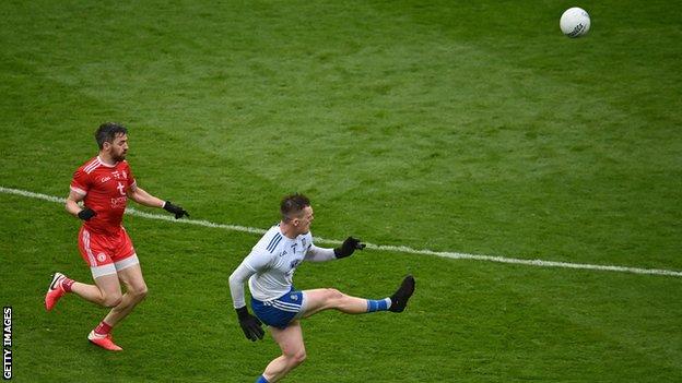 Rory Beggan was just off target with this attempt for a point in the frantic second half at Croke Park