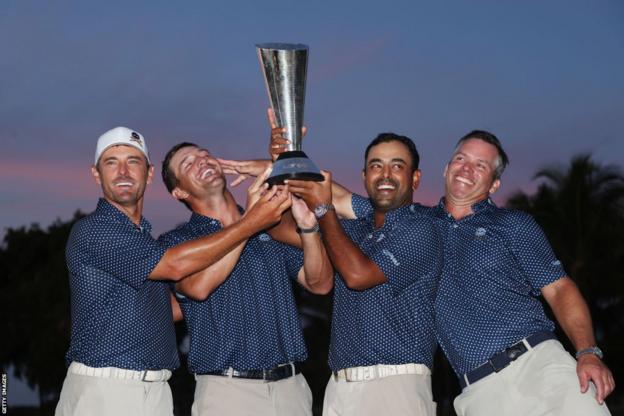 Charles Howell III, Bryson DeChambeau, Anirban Lahiri and Paul Casey hold the LIV Team Championship trophy