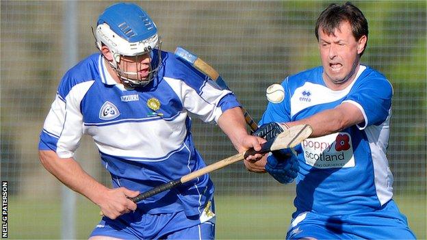 Robert Stoddart playing shinty-hurling for SCOTS Camanachd and Defence Forces Ireland against Ireland