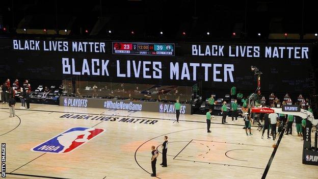 NBA court showing the Black Lives Matter banners