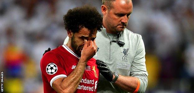 Mohamed Salah shows his emotions as he is substituted during Liverpool's 3-1 defeat by Real Madrid in 2018
