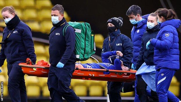 Maren Mjelde was stretchered off in the 81st minute of Chelsea's 6-0 Women's League Cup final win over Bristol City on Sunday