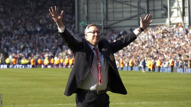Sir Alex Ferguson acknowledges the away fans after his final match in charge of Manchester United, away to West Brom