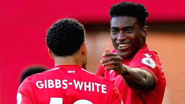 Nottingham Forest's Taiwo Awoniyi celebrates with team-mate Morgan Gibbs-White after scoring against Arsenal in the Premier League