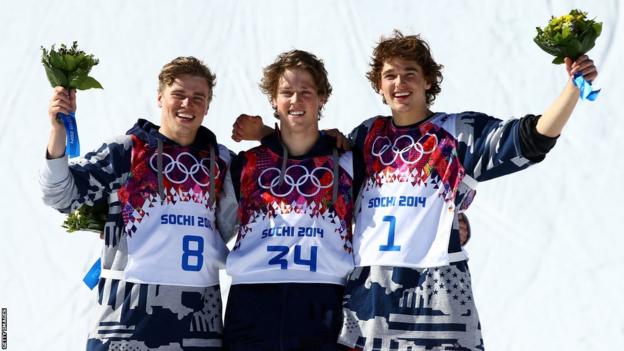 Gus Kenworthy, Joss Christensen and Nick Goepper celebrate their medals in the snow at the 2014 Winter Olympics