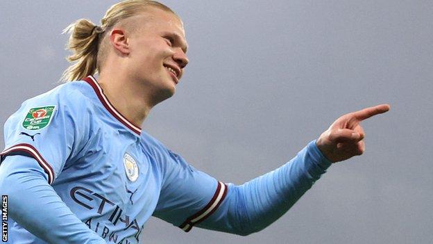 Erling Haaland celebrates his goal for Manchester City