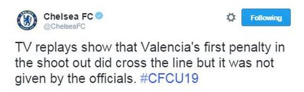 Valencia praised Chelsea for "recognising" it was a goal