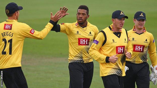 Sussex bowler Chris Jordan celebrates a wicket against Middlesex