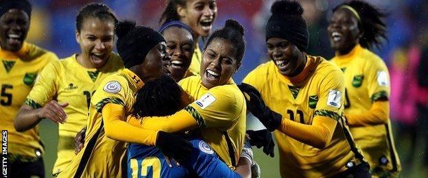 Jamaica women's football team celebrate