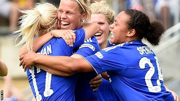 Chelsea Ladies players celebrate a Gilly Flaherty goal