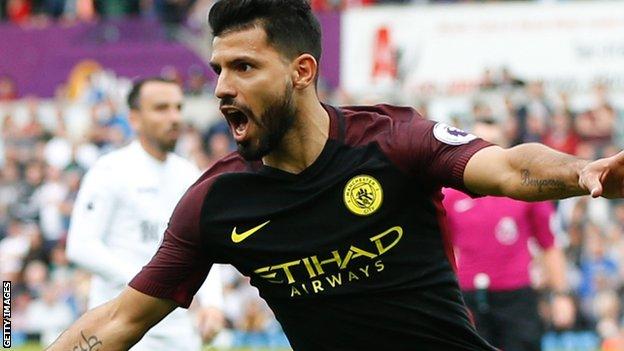 Manchester City striker Sergio Aguero celebrates scoring against Swansea City