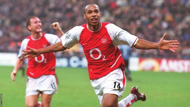 Arsenal's Thierry Henry celebrates scoring against Inter Milan in the 2003 Champions League group stage