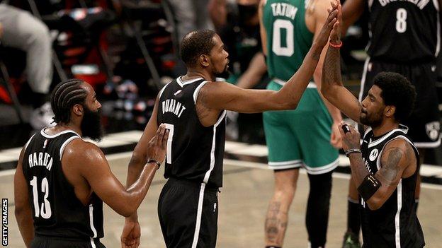 James Harden (left), Kevin Durant (centre) and Kyrie Irving (right)