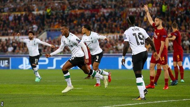 Liverpool's players celebrate reaching the Champions League final