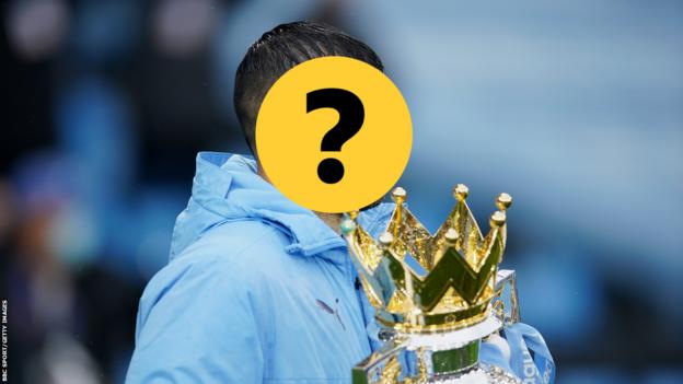 Footballer with face covered by question mark holding the Premier League trophy