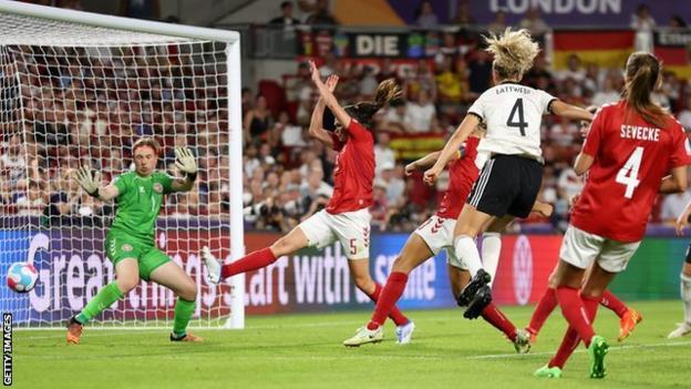 Lena Lattwein scores Germany's third goal against Denmark at Euro 2022