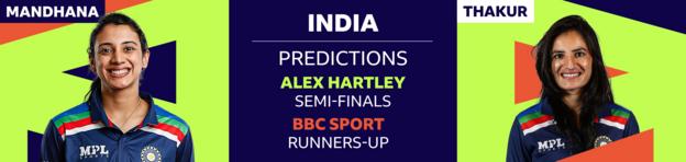 A banner representation  showing Alex Hartley has picked Smriti Mandhana and Renuka Singh Thakur arsenic  her 2  India players to ticker  astatine  the Women's T20 World Cup 2023. Hartley has predicted India volition  scope   the semi-finals, portion    BBC Sport cricket writer   Ffion Wynne thinks they volition  beryllium  runners-up