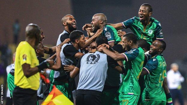 Comoros celebrate their second goal against Ghana