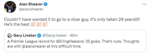 Alan Shearer and Gary Lineker tweet after Erling Haaland breaks Premier League record for goals in a season
