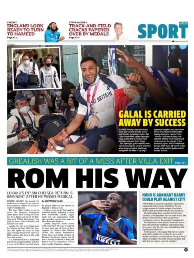 Tuesday's Metro back page with a picture of Romelu Lukaku and the headline 'Rom his way'