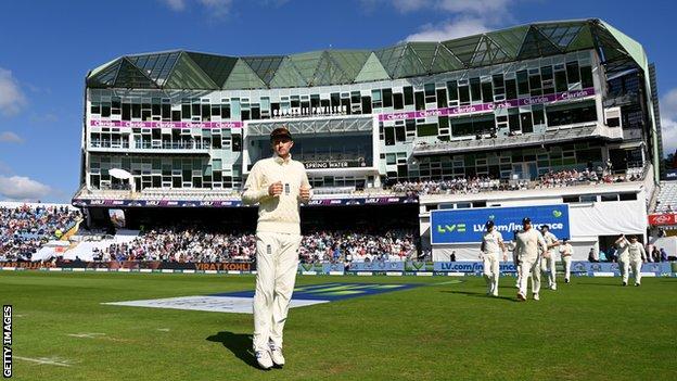England captain Joe Root leads his team out at Headingley during a Test match against India