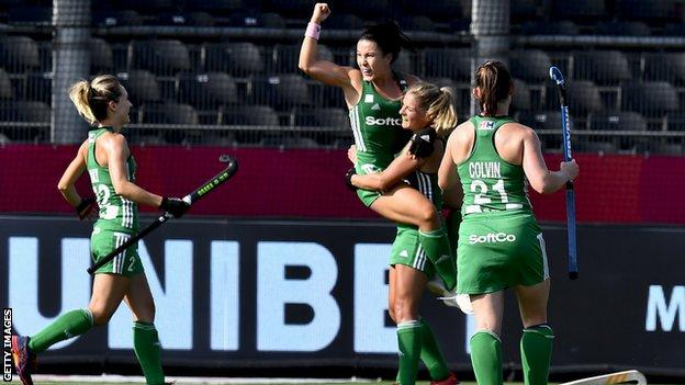 Ireland women celebrate after scoring a goal at last year's Euro Hockey Championship