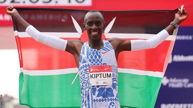 Runner Kelvin Kiptum after breaking Eliud Kipchoge's marathon world record in Chicago