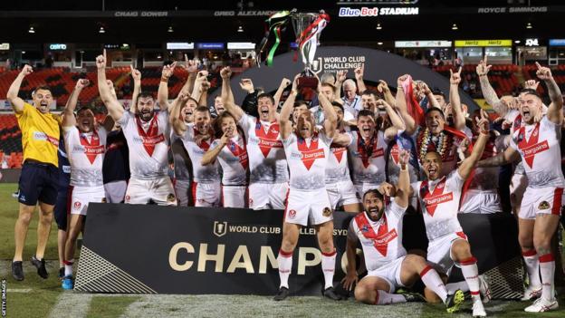 St Helens lift the World Club Challenge trophy