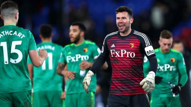 Ben Foster celebrates Watford's victory over Crystal Palace in the Premier League