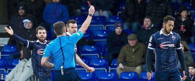 Ross County defender Jamie Reckord is sent off against Hamilton Academical