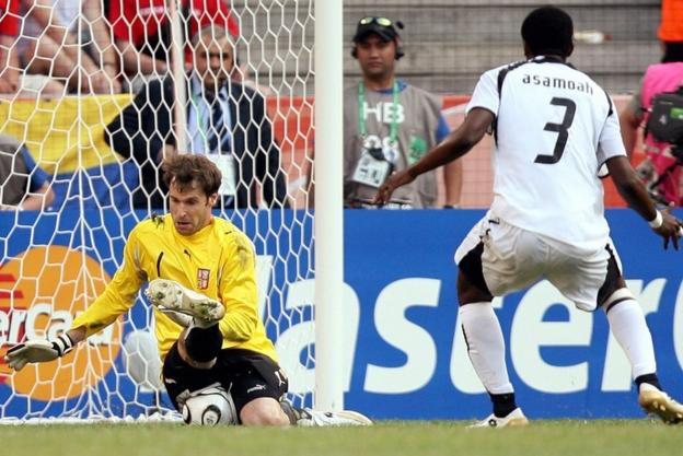 Asamoah Gyan scores his first World Cup goal against the Czech Republic