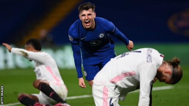 Mason Mount celebrates scoring for Chelsea against Real Madrid in the Champions League