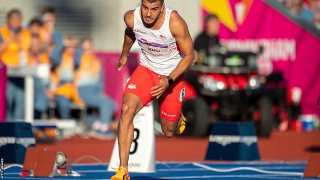 Adam Gemili competing at the 2022 Commonwealth Games in Birmingham