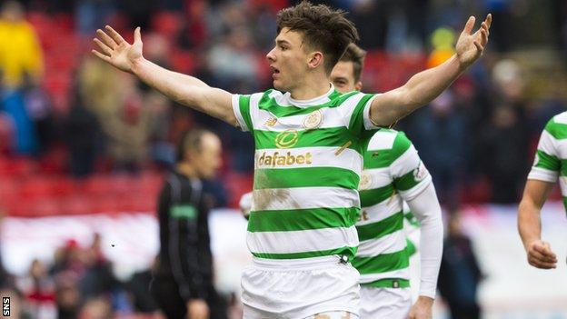 Kieran Tierney celebrates scoring Celtic's second goal
