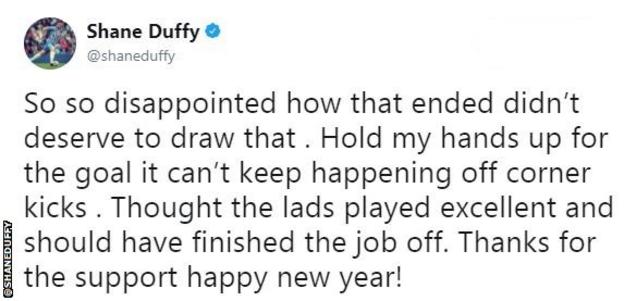 Shane Duffy tweets after Brighton's draw with Bournemouth