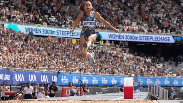 Jazmin Sawyers in long jump action at the London Diamond League