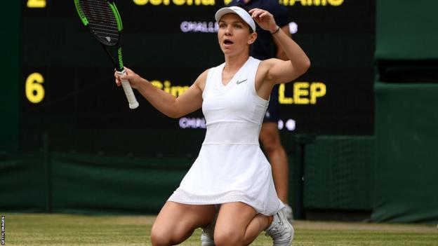 Simona Halep falls to her knees aft  winning Wimbledon successful  2019