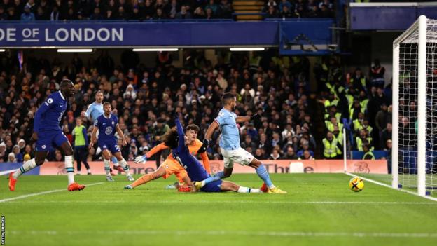 Manchester City's Riyad Mahrez puts them ahead against Chelsea in the Premier League at Stamford Bridge