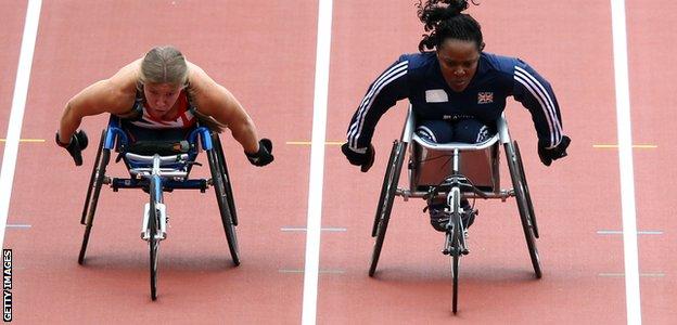 Anne Wafula Strike (right) racing at the London Stadium