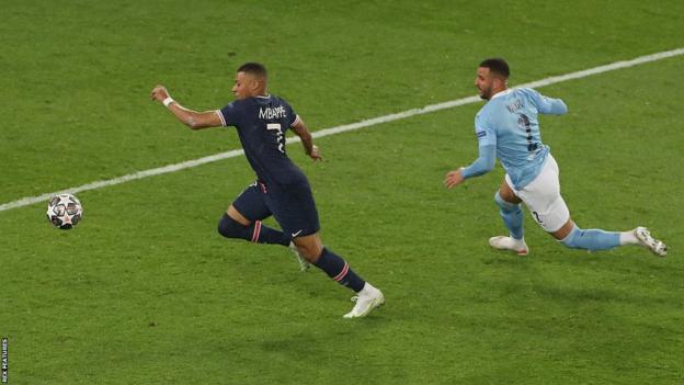 Kyle Walker chases Kylian Mbappe during the first leg of the 2021 Champions League semi-final between Manchester City and Paris St-Germain