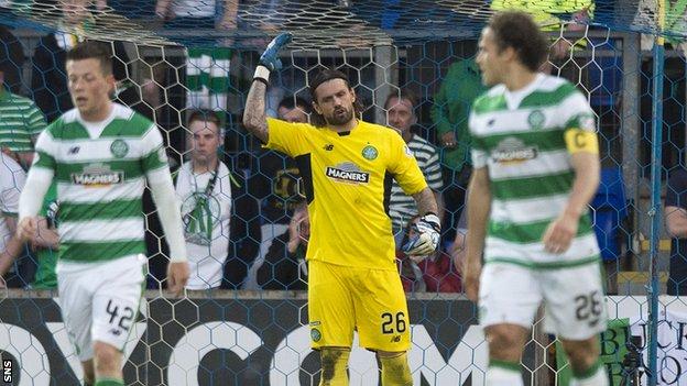 Logan Bailly (centre) berates his defence as Celtic lose to St Johnstone