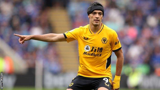 Wolves' Raul Raul Jimenez signals to a team-mate during his Premier League comeback against Leicester