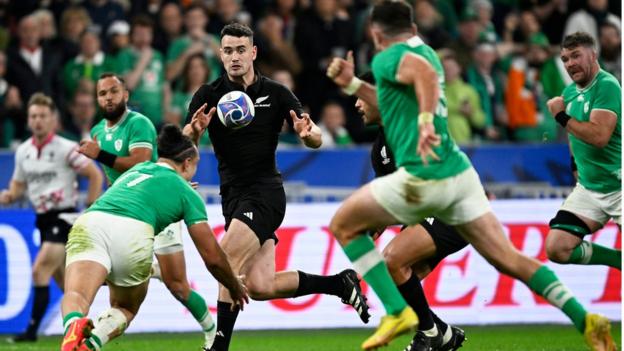 New Zealand's Will Jordan races on to score a try against Ireland in last October's World Cup quarter-final