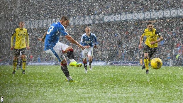 Martyn Waghorn scores a penalty for Rangers against Livingston