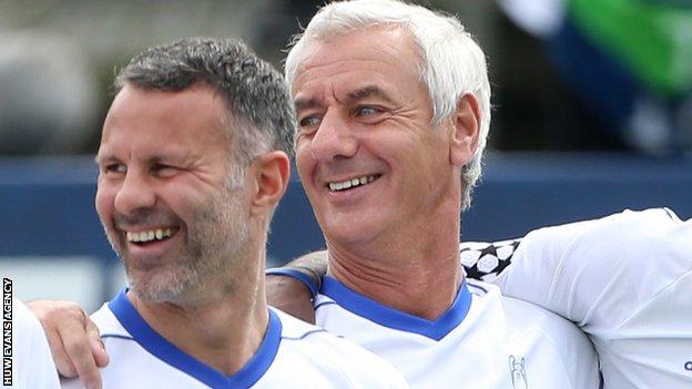 Ryan Giggs and Ian Rush pictured during an exhibition game in Cardiff