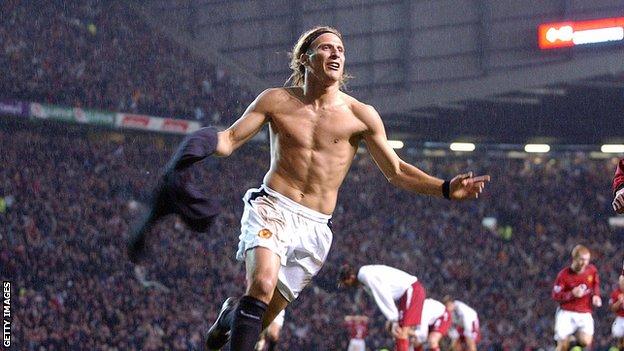 Diego Forlan celebrates scoring for Manchester United against Southampton in November 2002