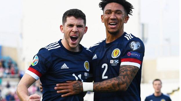 Scotland's Ryan Christie and Liam Palmer celebrate against Cyprus