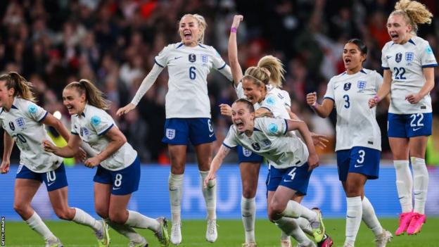 England celebrate penalty shootout win over Brazil